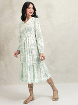 Women's Green Ethnic Floral Regular Fit Three Quarter Sleeves Dress