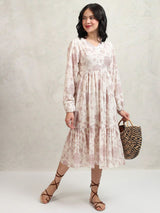 Women's Mauve Ethnic Floral Regular Fit Three Quarter Sleeves Dress