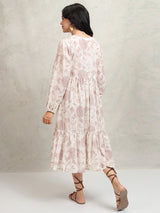 Women's Mauve Ethnic Floral Regular Fit Three Quarter Sleeves Dress