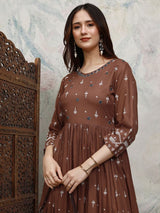Women's Brown Ethnic Embroidered Regular Fit Three Quarter Sleeves Dress