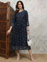 Women's Indigo Blue Ethnic Embroidered Regular Fit Three Quarter Sleeves Dress