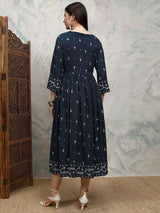 Women's Indigo Blue Ethnic Embroidered Regular Fit Three Quarter Sleeves Dress