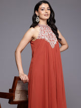 Women's Halter Neck Zari And Sequence Embroidered Sleeveless Flared Kurta Paired With Tonal Bottom