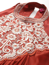 Women's Halter Neck Zari And Sequence Embroidered Sleeveless Flared Kurta Paired With Tonal Bottom