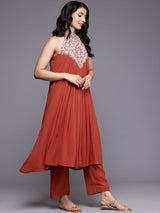 Women's Halter Neck Zari And Sequence Embroidered Sleeveless Flared Kurta Paired With Tonal Bottom