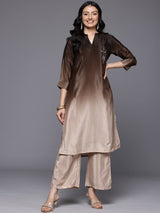 Women's Mandarin Collar Placement Embroidered Kurta Paired With Tonal Bottom