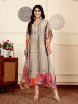 Women's Green Colored Pure Silke Gotta And Mirror Embellished Kaftan With Tulip Pants