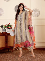 Women's Green Colored Pure Silke Gotta And Mirror Embellished Kaftan With Tulip Pants