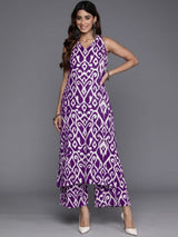 Women's Purple Ikat Printed Straight Kurta With Palazzo