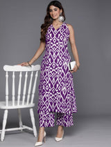 Women's Purple Ikat Printed Straight Kurta With Palazzo
