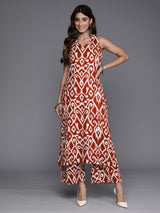 Women's Red Ikat Printed Straight Kurta With Palazzo