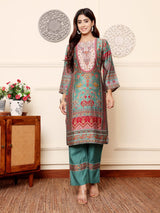 Women's Green Round Neck Gotta Lace Detailed Ethnic Printed , Three Quarter Sleeve Straight Kurta With Tonal Bottom With Lace Detailing