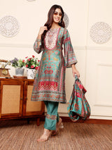 Women's Green Round Neck Gotta Lace Detailed Ethnic Printed , Three Quarter Sleeve Straight Kurta With Tonal Bottom With Lace Detailing