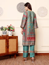 Women's Green Round Neck Gotta Lace Detailed Ethnic Printed , Three Quarter Sleeve Straight Kurta With Tonal Bottom With Lace Detailing
