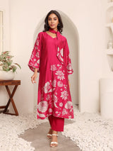 Women's Fuchsia Pink Floral Printed Gota Detail Flared Sleeve Kurta With Solid Trouser