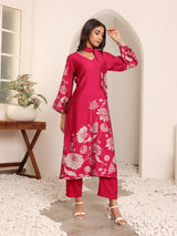 Women's Fuchsia Pink Floral Printed Gota Detail Flared Sleeve Kurta With Solid Trouser