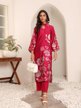 Women's Fuchsia Pink Floral Printed Gota Detail Flared Sleeve Kurta With Solid Trouser