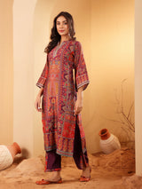 Women's Pink Floral Printed Gota Embellished Flared Sleeve Kurta With Solid Trouser. And Dupatta