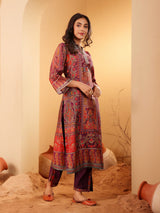 Women's Pink Floral Printed Gota Embellished Flared Sleeve Kurta With Solid Trouser. And Dupatta