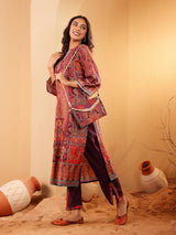 Women's Pink Floral Printed Gota Embellished Flared Sleeve Kurta With Solid Trouser. And Dupatta