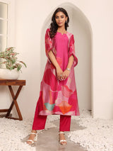 Women's Fuschia Pink Abstract Printed Straight Kurta With Trousers