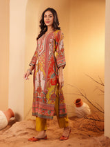 Women's Olive Ethnic Floral Printed Gota Embellished Flared Sleeve Kurta With Solid Trouser.