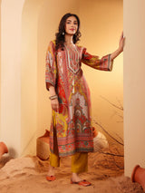 Women's Olive Ethnic Floral Printed Gota Embellished Flared Sleeve Kurta With Solid Trouser.
