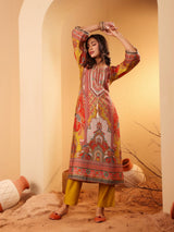 Women's Olive Ethnic Floral Printed Gota Embellished Flared Sleeve Kurta With Solid Trouser.