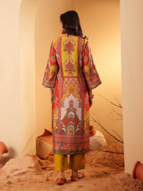 Women's Olive Ethnic Floral Printed Gota Embellished Flared Sleeve Kurta With Solid Trouser.