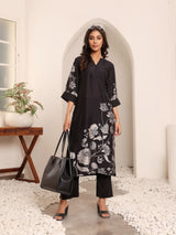 Women's Black Floral Printed Kurta With Solid Trouser.