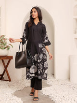Women's Black Floral Printed Kurta With Solid Trouser.