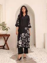 Women's Black Floral Printed Kurta With Solid Trouser.