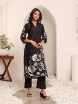 Women's Black Floral Printed Kurta With Solid Trouser.