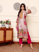 Women's Grey Ethnic Floral Printed Gota Embellished Kurta With Solid Trouser.