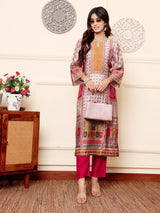 Women's Grey Ethnic Floral Printed Gota Embellished Kurta With Solid Trouser.