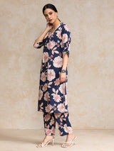 Women's Floral Printed V Neck And Flared Sleeve Lace Detailed Straight Kurta Set.