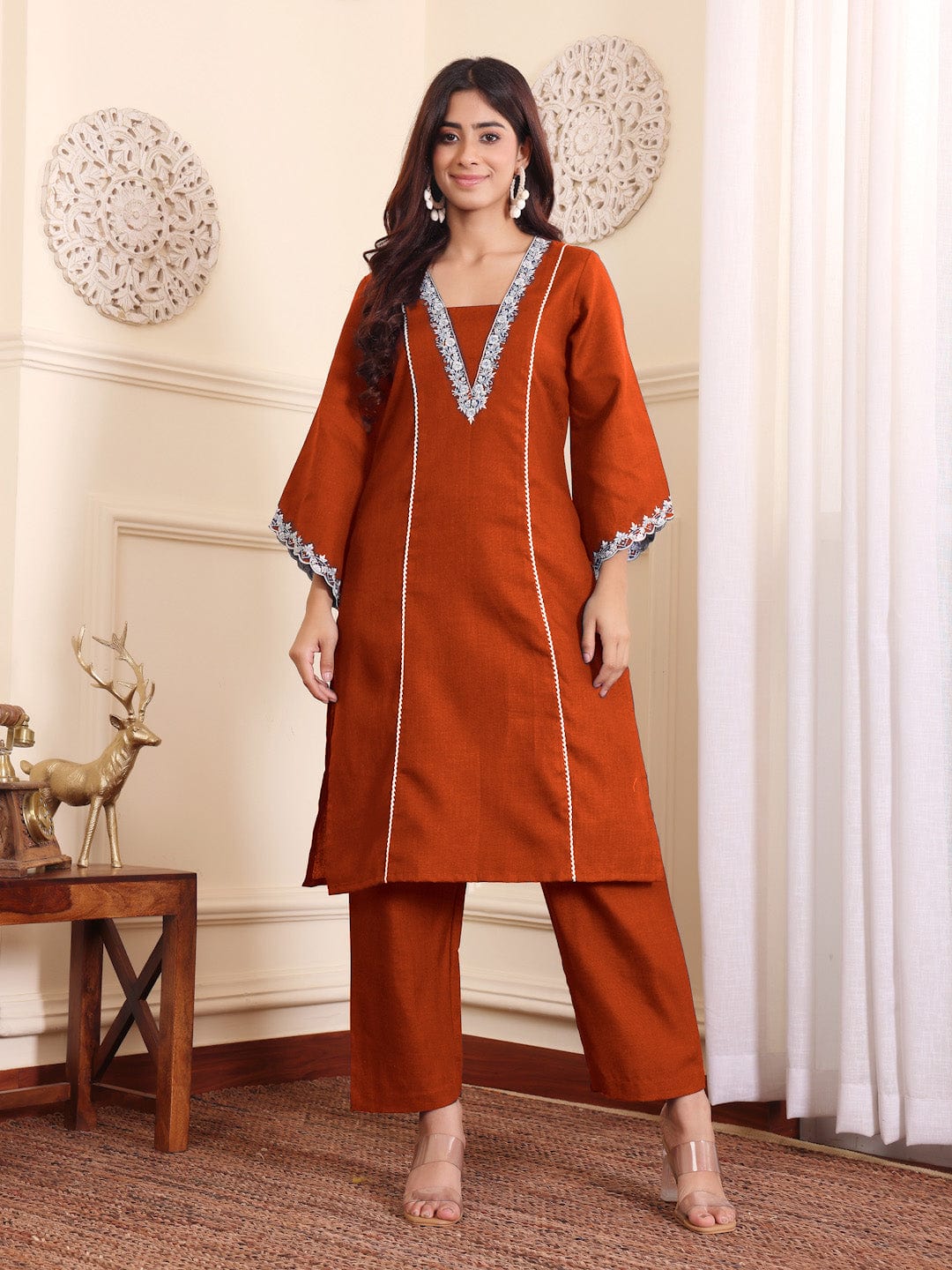 Women's Zari Embroidered Rust Flared Sleeve Kurta With Trouser