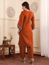 Women's Zari Embroidered Rust Flared Sleeve Kurta With Trouser
