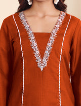 Women's Zari Embroidered Rust Flared Sleeve Kurta With Trouser