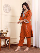 Women's Zari Embroidered Rust Flared Sleeve Kurta With Trouser