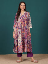Women's Paisely Printed V Neck Panelled Flared Kurta With Trouser