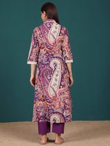 Women's Paisely Printed V Neck Panelled Flared Kurta With Trouser