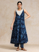 Women's Floral Printed Mirror & Thread Embroidered Yoke Anarkali Kurta With Trouser