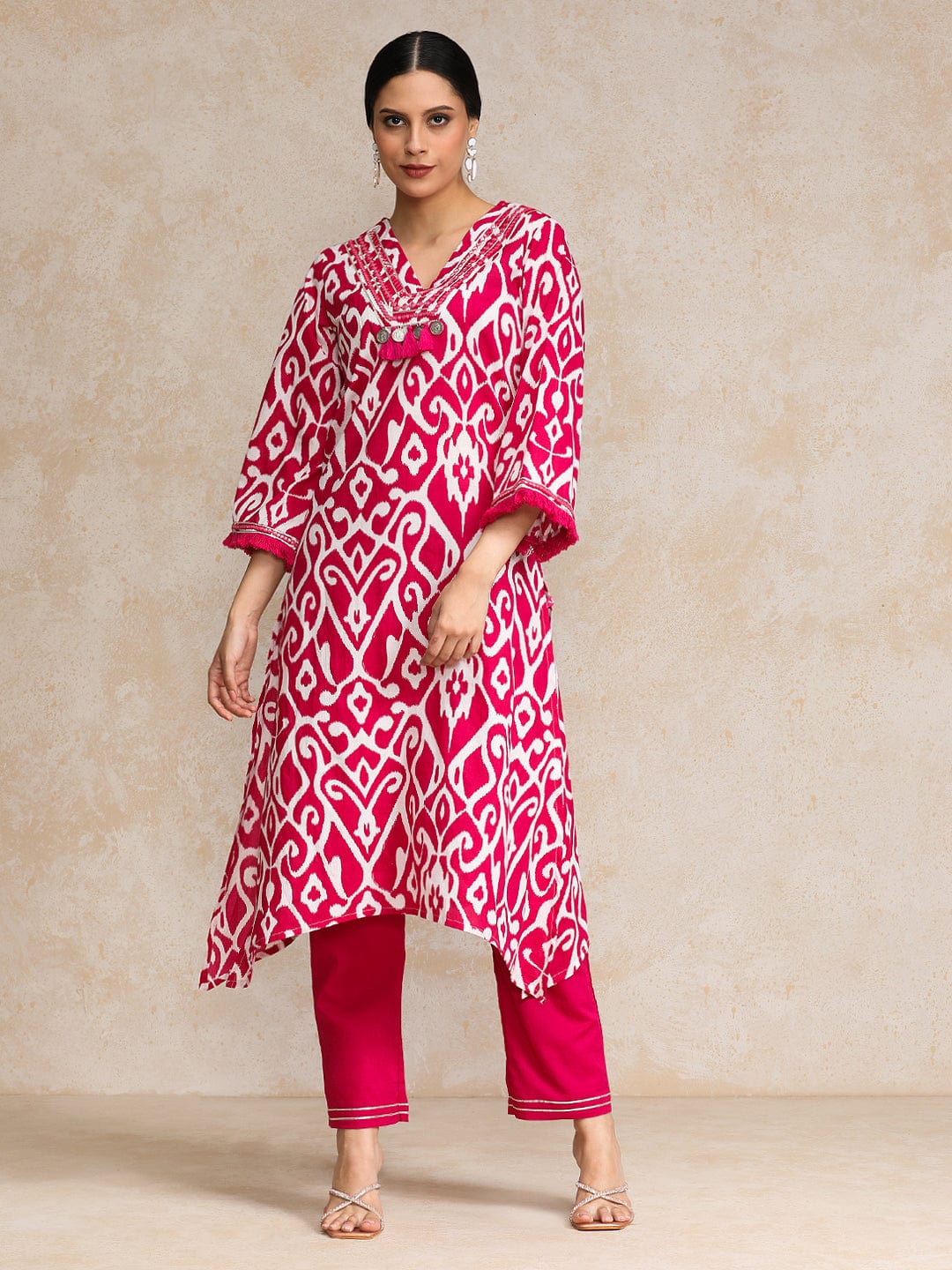 Women's Ikat Printe Boho Flared Sleeve Kurta With Trouser
