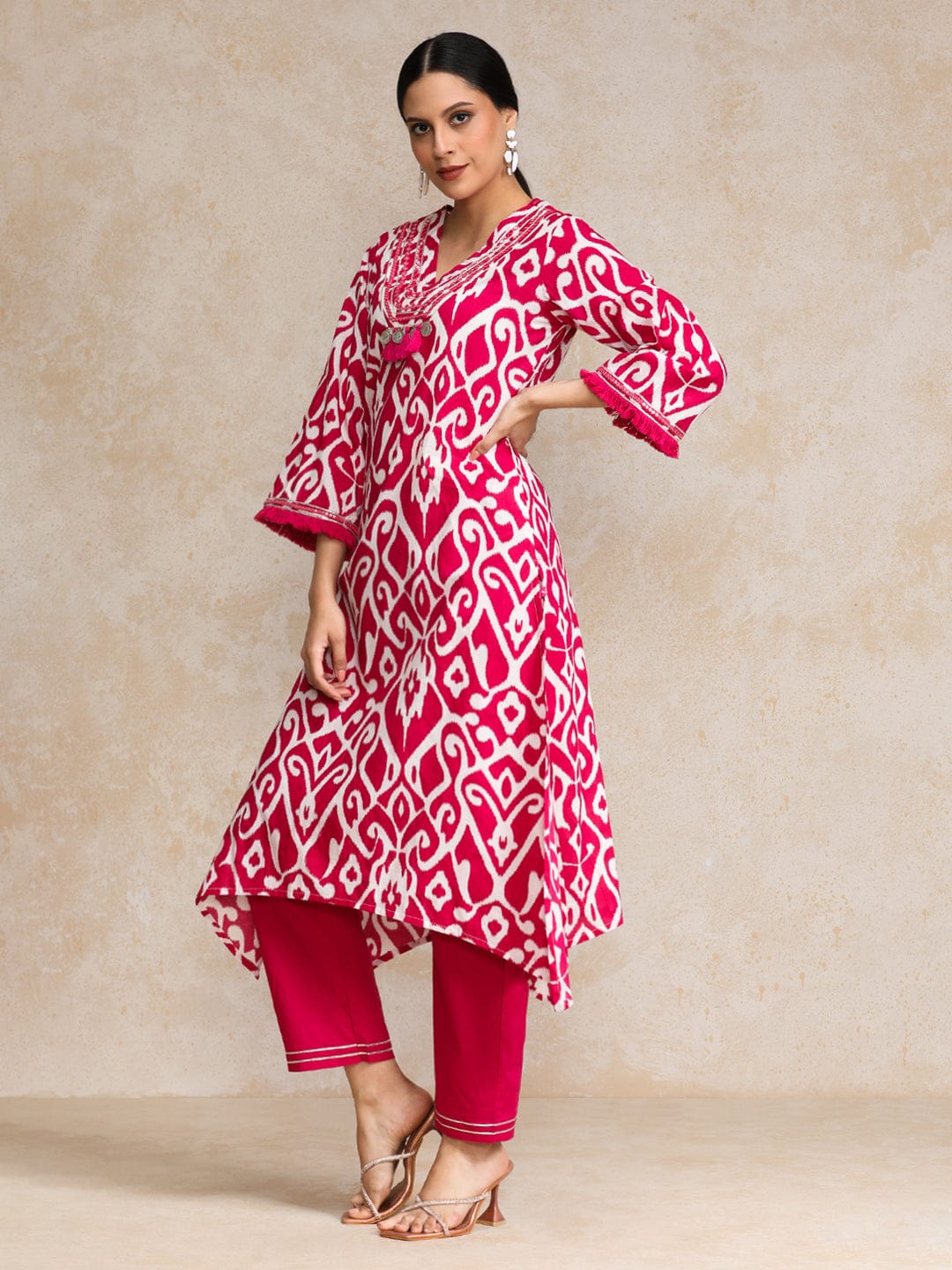 Women's Ikat Printe Boho Flared Sleeve Kurta With Trouser