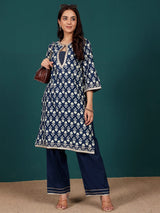Women's Ethnic Floral Printed With Zari & Sequin Detail Kurta With Trouser
