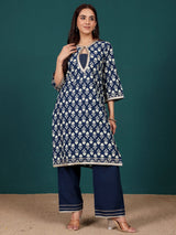 Women's Ethnic Floral Printed With Zari & Sequin Detail Kurta With Trouser