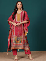 Women's V Neck Ethnic Printed Zari Detailed Kaftan With Trouser