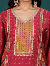 Women's V Neck Ethnic Printed Zari Detailed Kaftan With Trouser