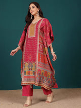 Women's V Neck Ethnic Printed Zari Detailed Kaftan With Trouser